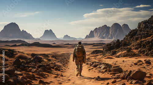 view from behind American soldier standing in the desert 