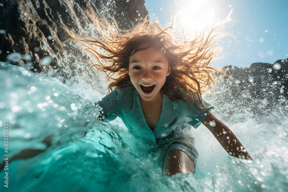 Obraz premium Summer joyfully scene with happy girl having fun and falls into the light turquoise sea water, splashing. Pastel colors. Beach children play. Holiday or travel concept.