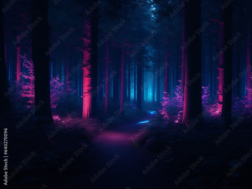 Obraz premium Dark forest in the night, neon colors. Generative AI