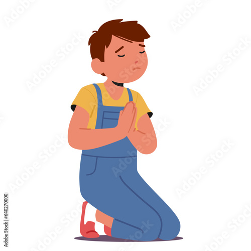 Innocent Image Of A Young Boy With Closed Eyes And Clasped Hands, Deep In Prayer. Kneeling Little Child Character