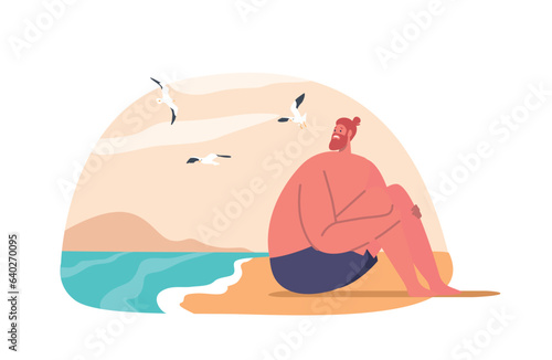Anxious Man With Aquaphobia Sits On Beach, Avoiding Water. Fear Of Swimming Keeps Him On The Shore, Vector Illustration