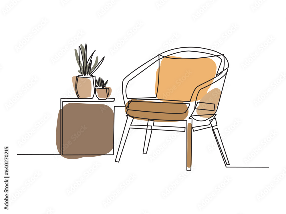 Fototapeta premium Continuous one line drawing of armchair and with potted plants. Scandinavian stylish furniture in simple linear style. Vector illustration