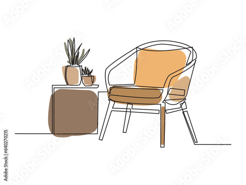 Continuous one line drawing of armchair and with potted plants. Scandinavian stylish furniture in simple linear style. Vector illustration