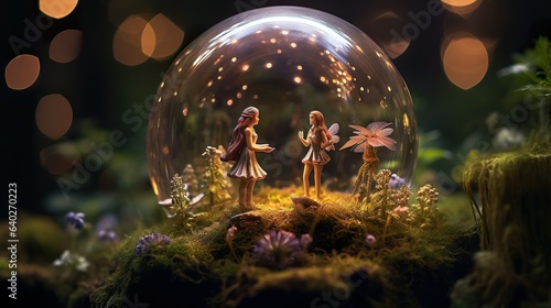 Enchanted Forest in a Bubble: Mini Fairies, Flowers & Mystical Mushrooms, generative Ai © Aleksandr