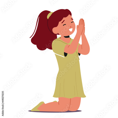 Kneeling Little Girl With Folded Hands, Eyes Closed, Deep In Prayer, A Picture Of Faith And Purity. Innocent Child