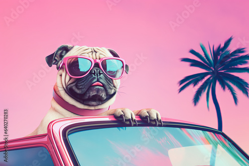Smiling happy pug dog in a pink leather punk jacket posing in a retro convertible car on a sunny day. Generative AI. © Popovo