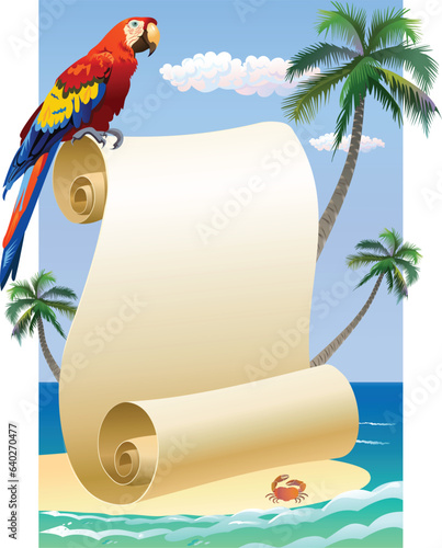 Pirate list of treasure and parrot on pirate desert island