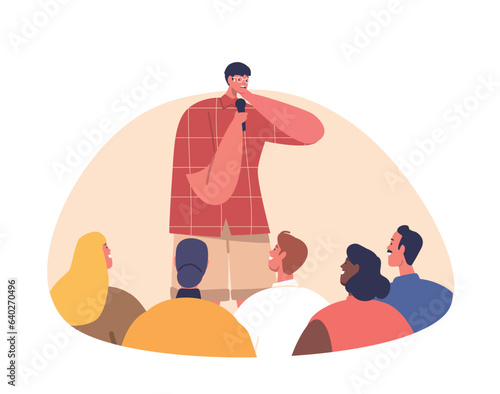 Male Character with Glossophobia Paralyzed By Public Speaking Phobia Experiences Intense Fear, Rapid Heart Rate