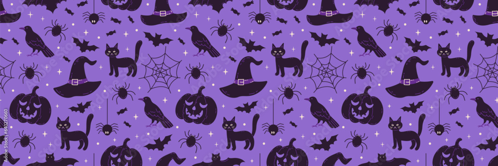 Halloween vector seamless pattern design with hat witch, pumpkin, bat, cat and raven. Magic holiday background.