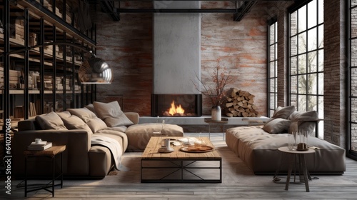 Living room loft in industrial style, a room Stylish Modern with sofa, wood tables, and a concrete wall, Generative AI