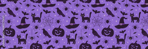 Halloween vector seamless pattern design with hat witch, pumpkin, bat, cat and raven. Magic holiday background. © Anna Bova
