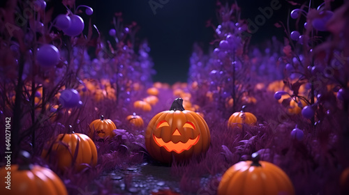 Halloween park background with purple and orange pumpkins and flowers. 3d rendering.