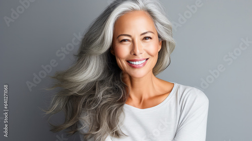 Reife Frau mit toller Haut und langen grauen Haaren. Generiert mit KI