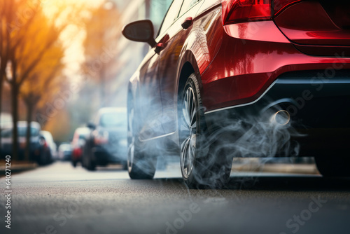 Fototapet Close up of car exhaust pipe with thick smoke