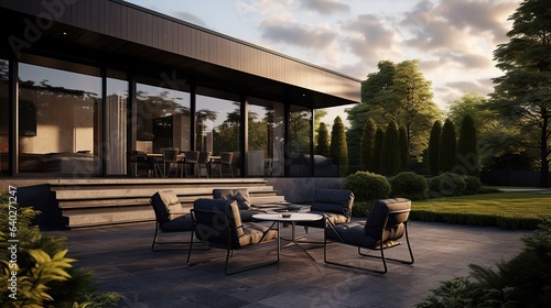 modern dark villa with open plan living and private chair wing with small terrace for relaxation, Generative AI