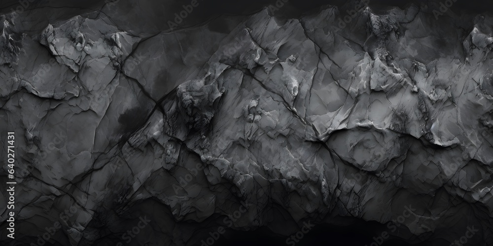 Black white rock texture. Rough mountain surface. Close-up. Volumetric stone background with space for design. Dark gray grunge backdrop. Wide banner. Panoramic