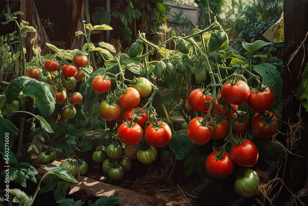 Ripe red tomatoes growing in a greenhouse on a sunny summer day - obrazy, fototapety, plakaty 