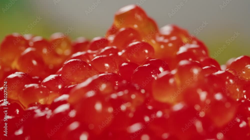 Putting red caviar in glass bowl close-up. Salmon salted orange roe on black background. Raw seafood. Luxury delicacy food. Delicious and tasty fish products. Russian cuisine. Festive dinner, Putting red caviar in glass bowl close-up. Salmon salted orange roe on black background. Raw seafood. Luxury delicacy food. Delicious and tasty fish products. Russian cuisine. Festive dinner,