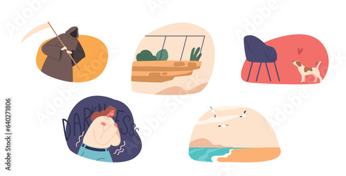 Isolated Icons or Elements with Human Fears. Female Character Afraid of Darkness, Death, Height, Dog, and Swim in Water