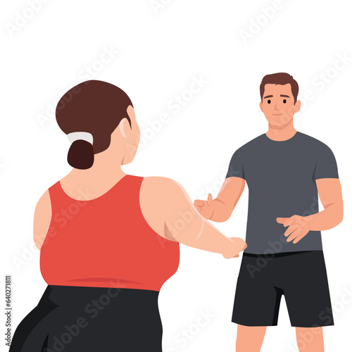 Personal Trainer or Sports Instructor. Fat woman workout with fitness instructor. Flat vector illustration isolated on white background