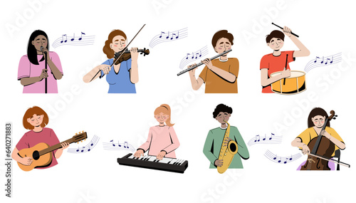 People playing musical instruments vector illustrations set. Large flat vector set of musicians playing synth, saxophone, flute, violin, cello and guitar, drum, singing person. 