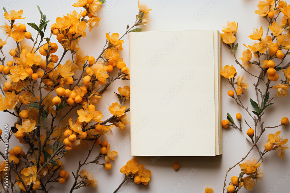 Blooms of Creativity: Abstract Background with Blank Book Mockup and Lively Orange Flowers - Fusion of Art and Design - obrazy, fototapety, plakaty 