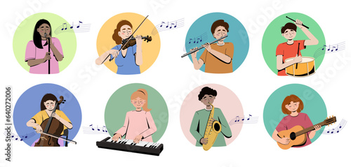People playing musical instruments vector illustrations set. Large flat vector set of musicians playing synth, saxophone, flute, violin, cello and guitar, drum, singing person. 