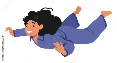 Little Child Girl Character In Pajamas Soaring Through The Sky, Embracing Freedom Of Flight. Joyful Innocence