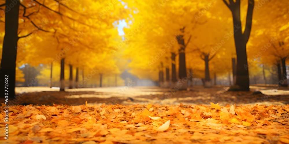 Colorful universal natural autumn background for design with orange leaves in autumn park and blurred background