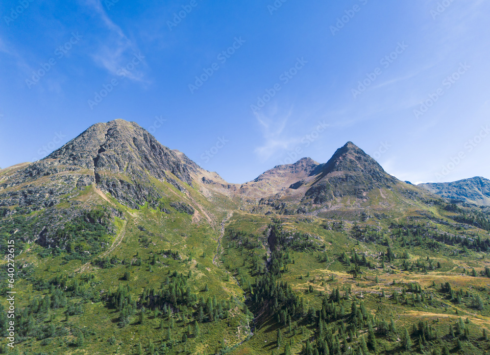 High altitude mountain peaks in green scarce pine forest landscape in Italian dolomites mountain range in northern Italy, Europe High altitude mountain peaks in green scarce pine forest landscape in Italian dolomites mountain range in northern Italy, Europe