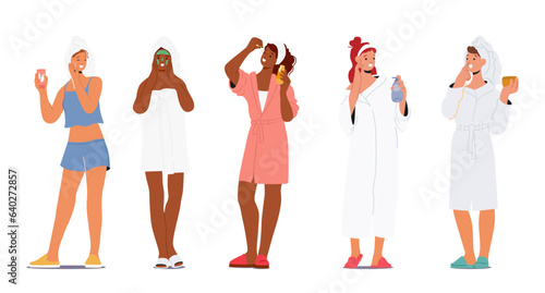 Women Apply Face Cosmetics For Skin Care. Female Characters Enhancing Beauty Products, Like Cleansers, Moisturizers