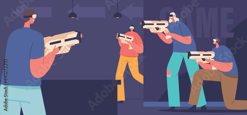 Characters Immerse In A Virtual Reality Team Game, Armed With Futuristic Guns. Collaborate With Teammates