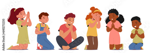 Children Boys And Girls Characters In Peaceful Prayer, Eyes Closed, Hands Folded. Innocent Expressions Convey Faith