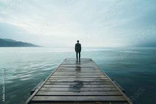 Stoic man on pier peers into vastness of distant ocean