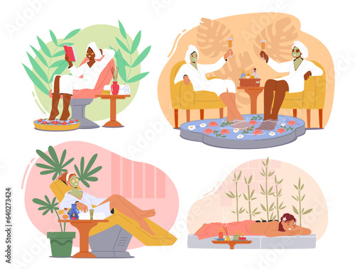Women In A Spa Salon, Female Characters Enjoying Soothing Treatments, Serene Ambiance, Rejuvenating