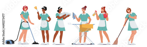 Maid Service, Female Characters Provide Efficient Cleaning Solutions. Women Equipped With Cleaning Tools