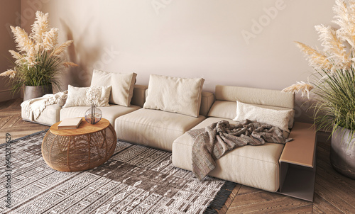 Fototapeta Naklejka Na Ścianę i Meble -  Japanese beige interior with sofa and dry plant. Light nature scandi livingroom. Horizontal banner panoramic background. 3d rendering mock up. High quality 3d illustration