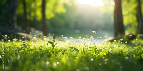 Defocused green trees in forest or park with wild grass and sun beams. Beautiful summer spring natural background