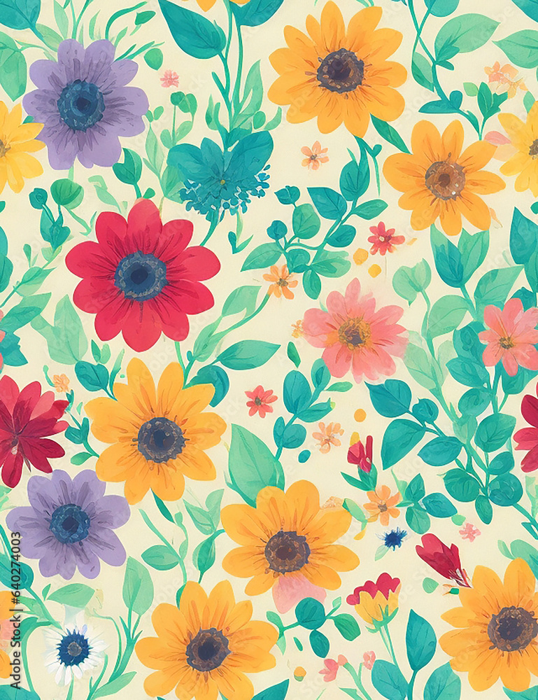 Seamless patterns of flowers and trees background
