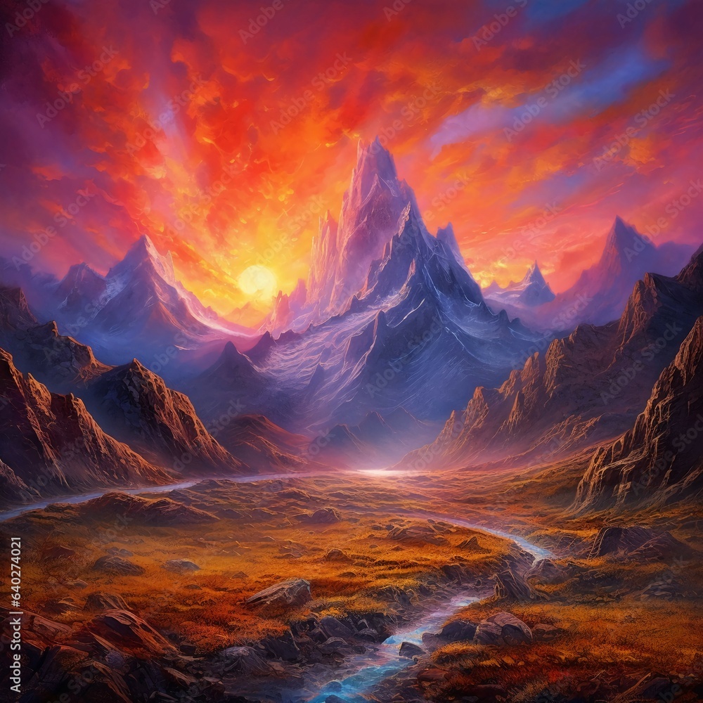 A dramatic mountain sunset with the sun setting