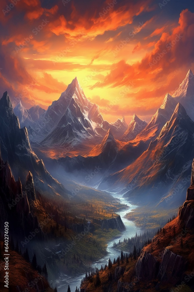 A dramatic mountain sunset with the sun setting