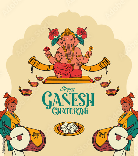 Ganesh Chaturthi calligraphy with Ganesha editable hand-drawn vector illustration and traditional festive background and festive elements for social media banner design template