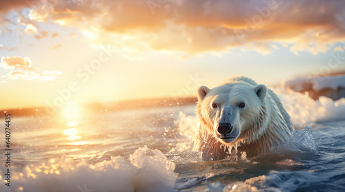 ours polaire sur la banquise avec un ciel rougeoyant au moment du coucher de soleil 
