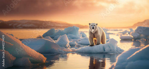 ours polaire sur la banquise avec un ciel rougeoyant au moment du coucher de soleil  photo