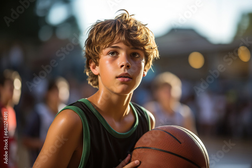 Young teenage basketball player watching with ball in hand thinking and deciding the play. Sport and team play, concentration