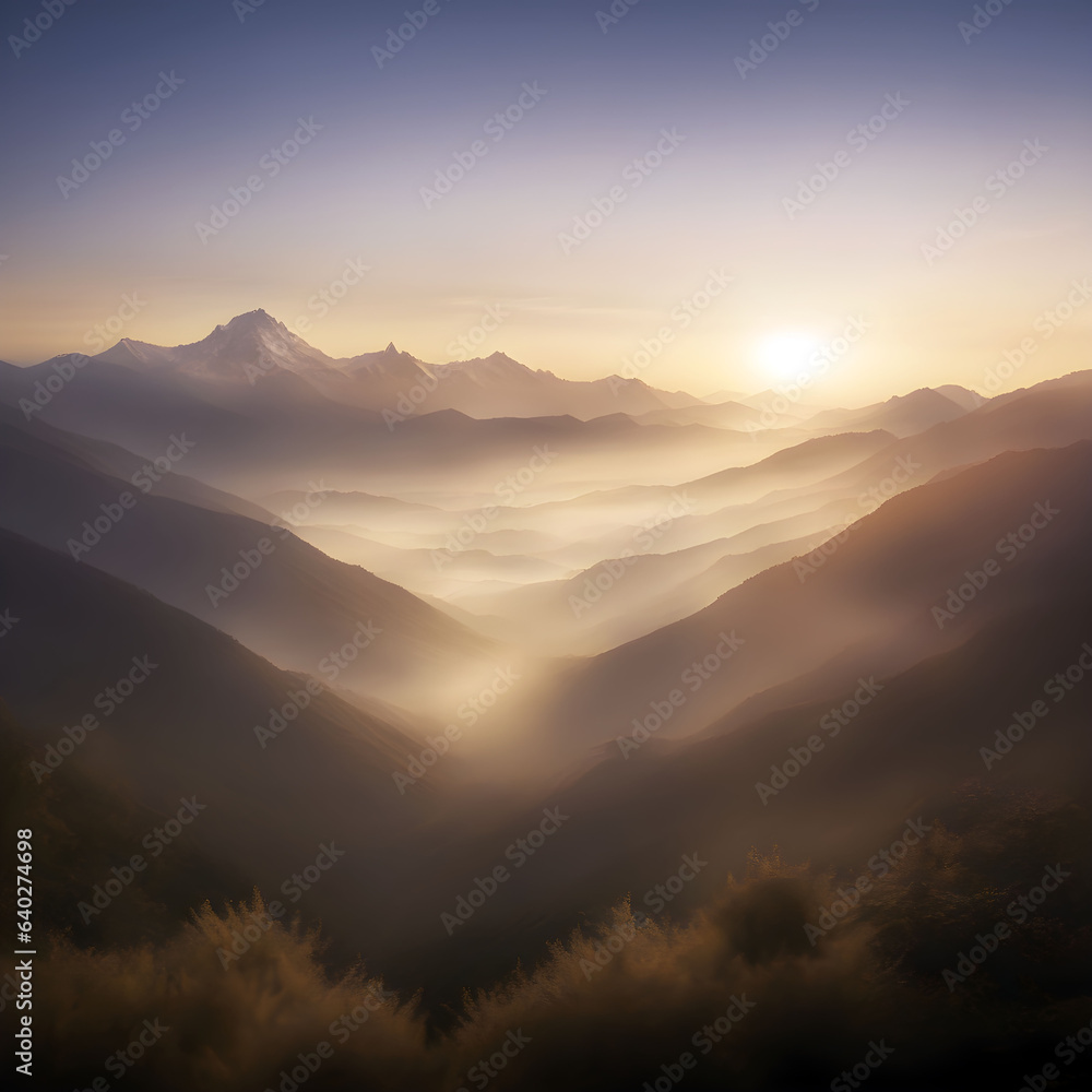 Obraz premium Misty Dawn Symphony Capturing Mountain. Generative Ai 
