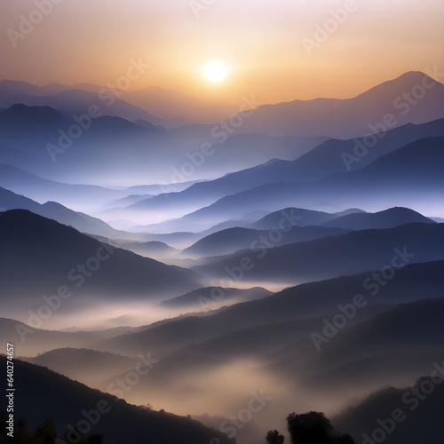 Mountain range at sunrise. Generative Ai  © Cynthia
