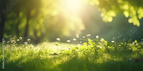 Defocused green trees in forest or park with wild grass and sun beams. Beautiful summer spring natural background