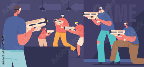 People In The Immersive Vr Team Game With Guns, Fight In Intense Battle In Virtual World. Players Strategize, Cooperate