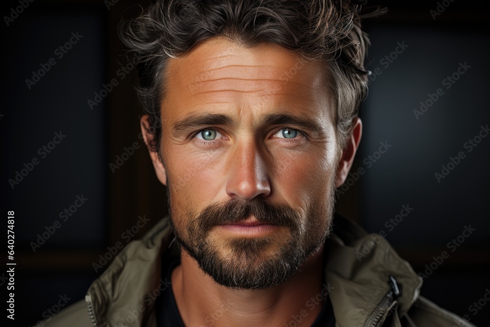 Fototapeta premium Mid adult man with beard smiling, dressed in winter jacket, portrait on dark background